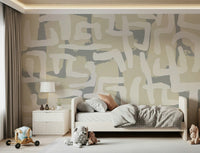 Terrain-style abstract mural in bedroom, soft color layers