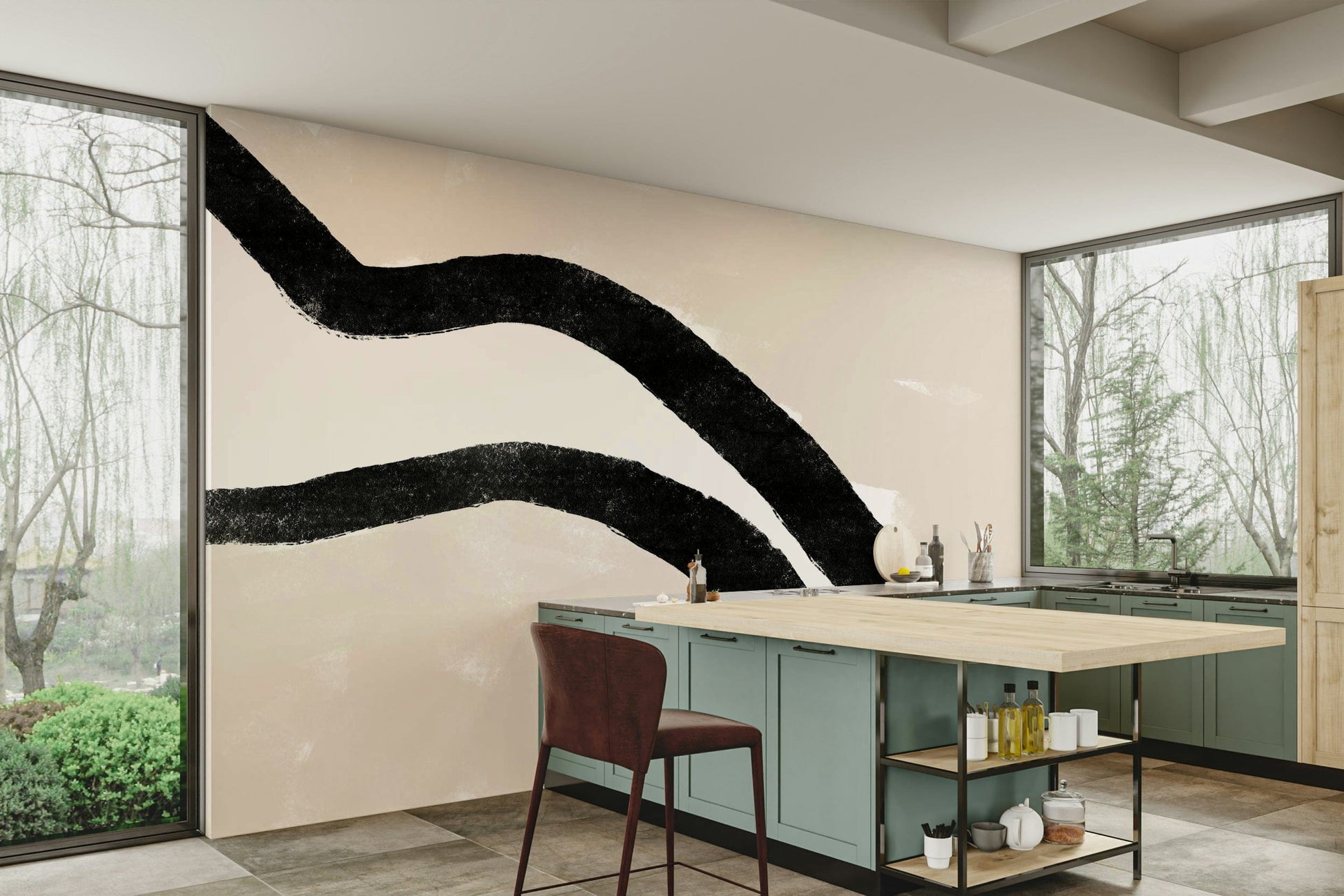 An artistic minimalist form mural for home decor.

