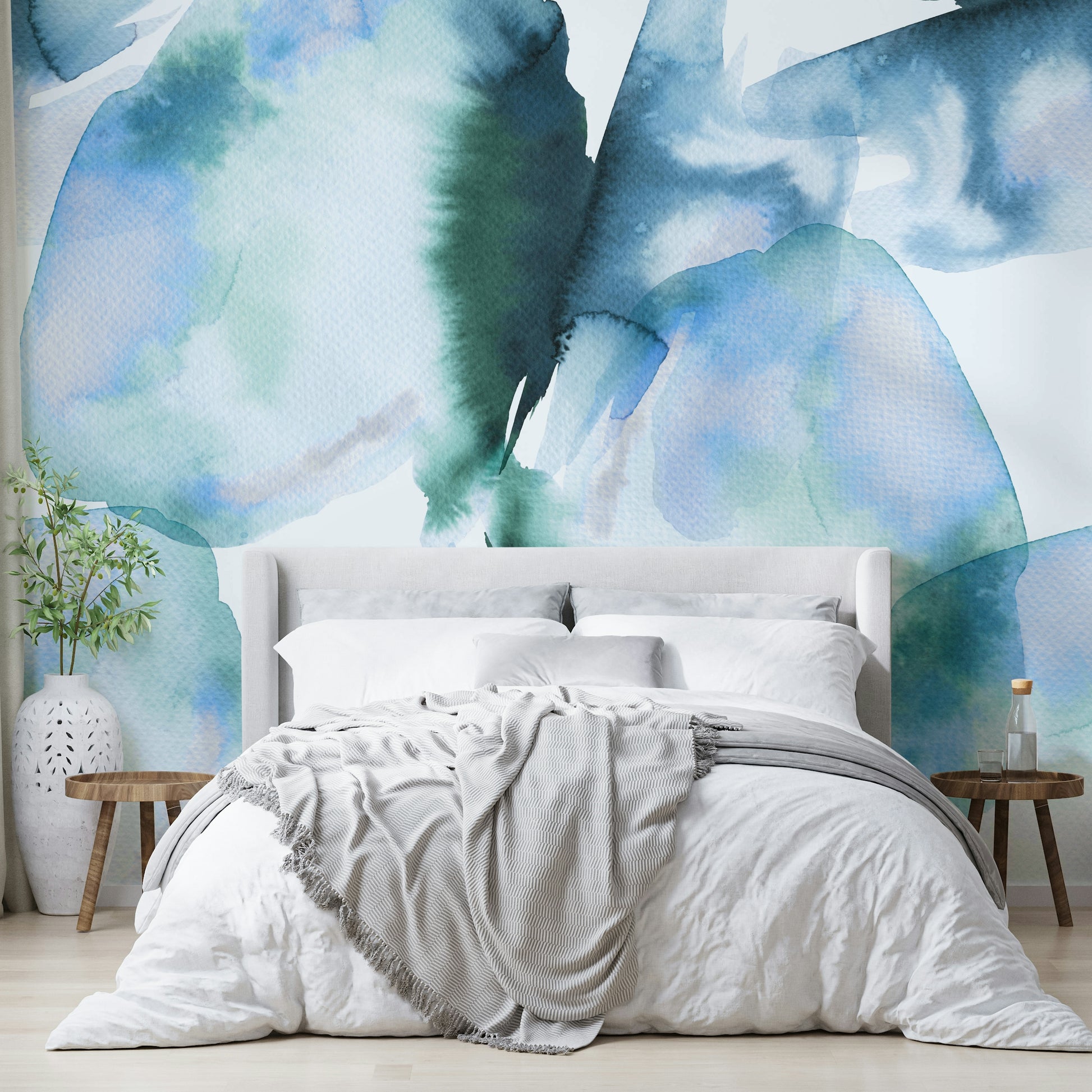 Peaceful wall mural with blue abstract hills and sky

