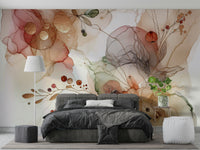 Abstract botanical design mural in bold hues of green and pink.


