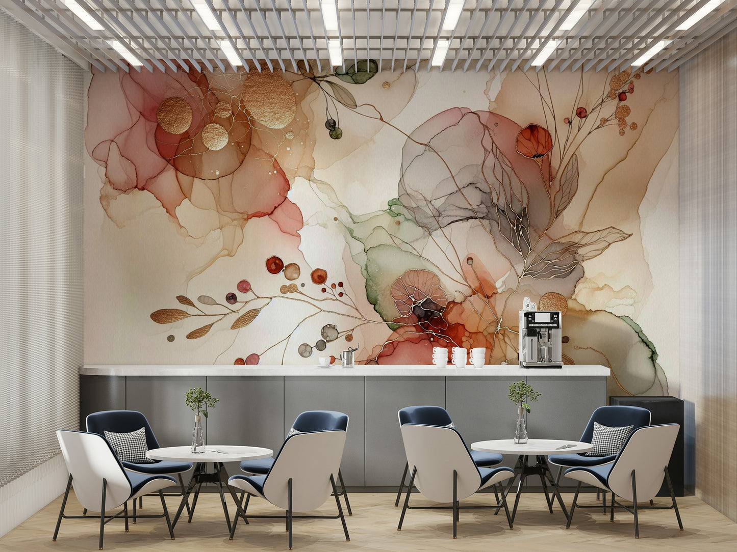 Bright and colorful abstract botanical wall mural for rooms.


