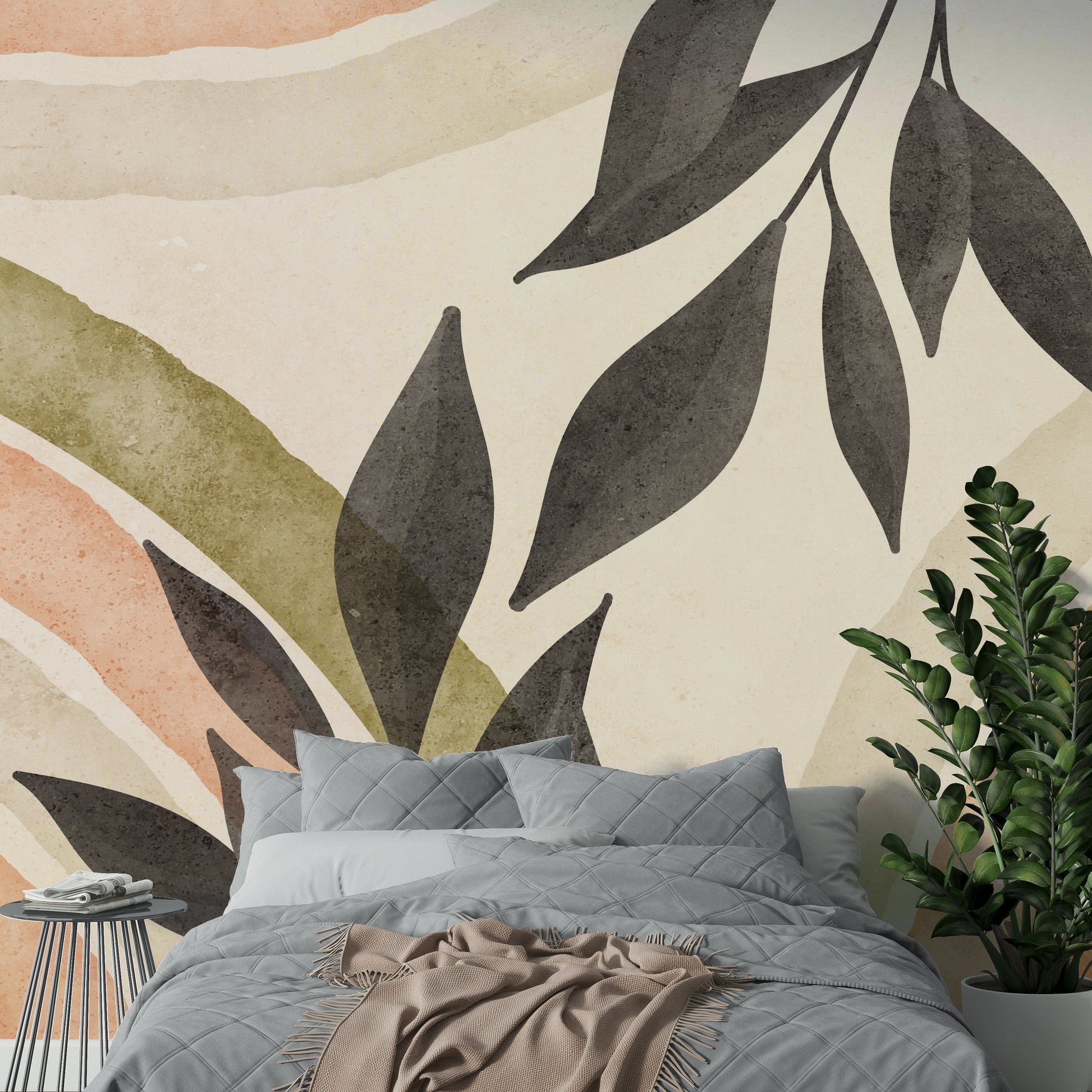 Modern wall mural with watercolor florals

