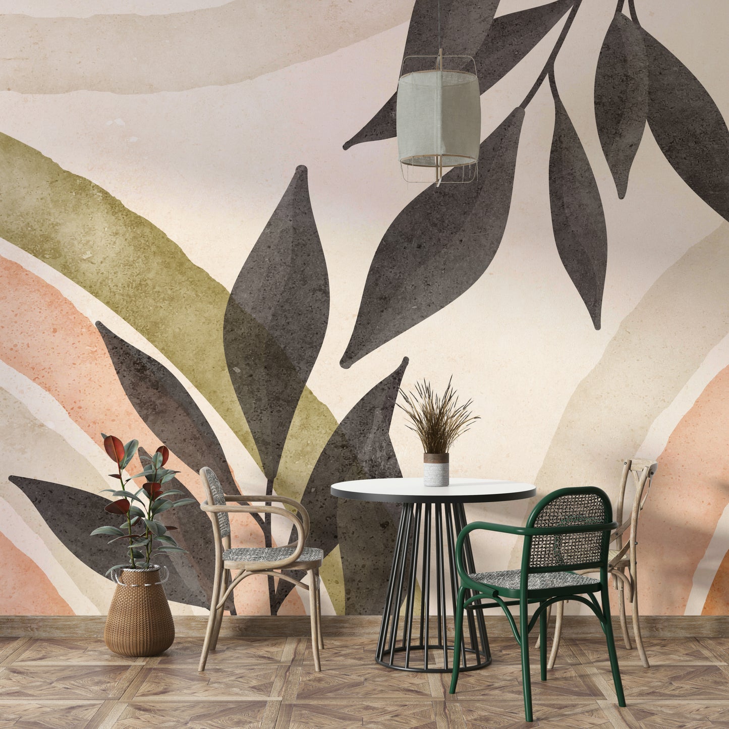 Watercolor leaves and plants in mural design

