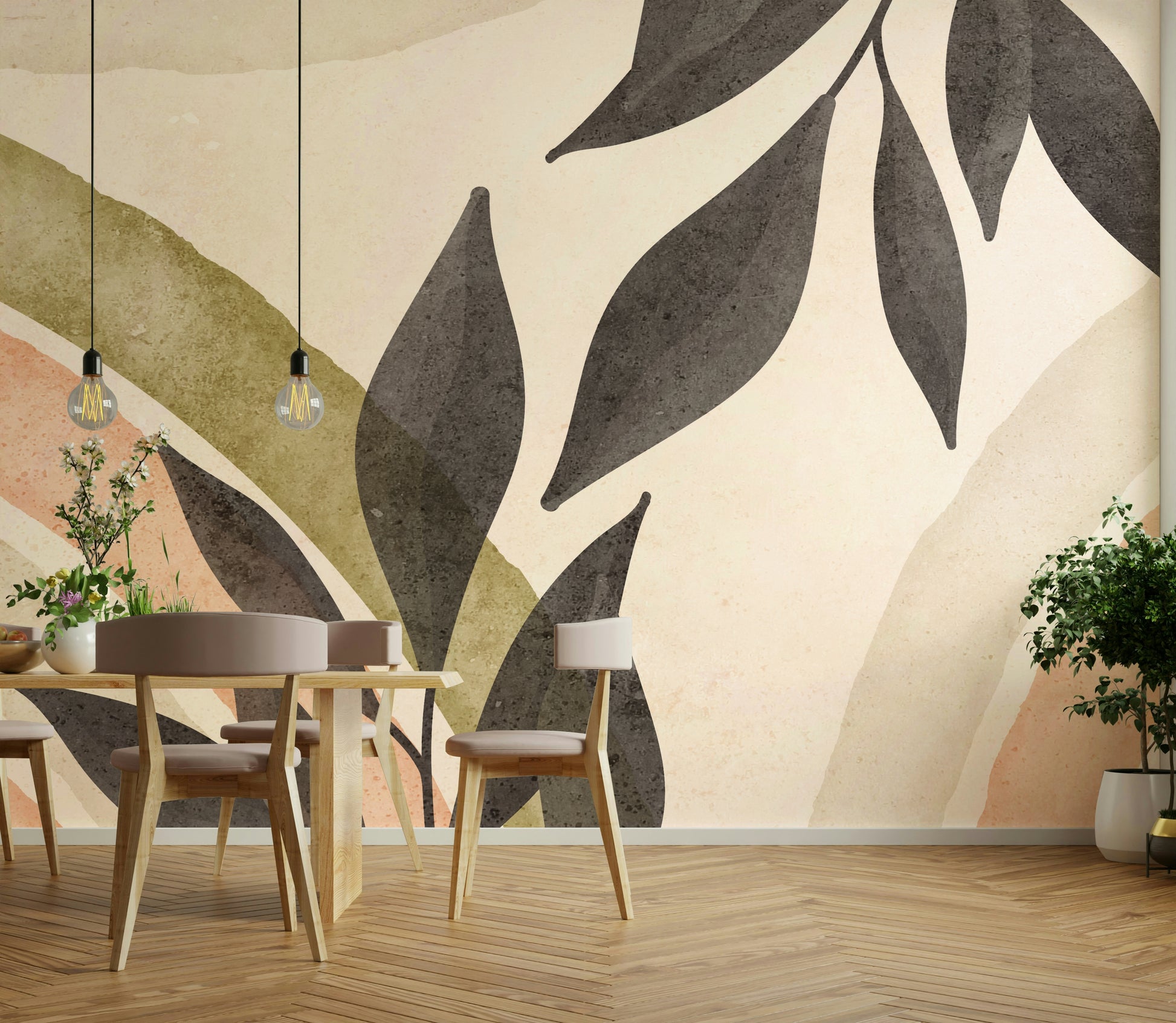 Abstract botanical wall mural in watercolor style

