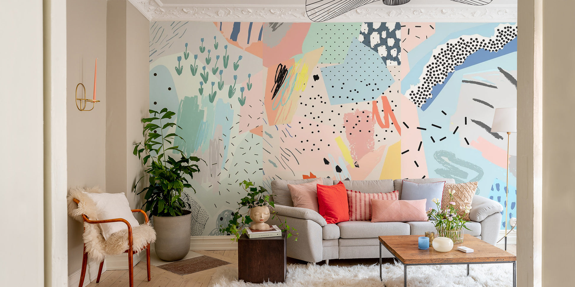 Playful colorful mural wallpaper pattern

