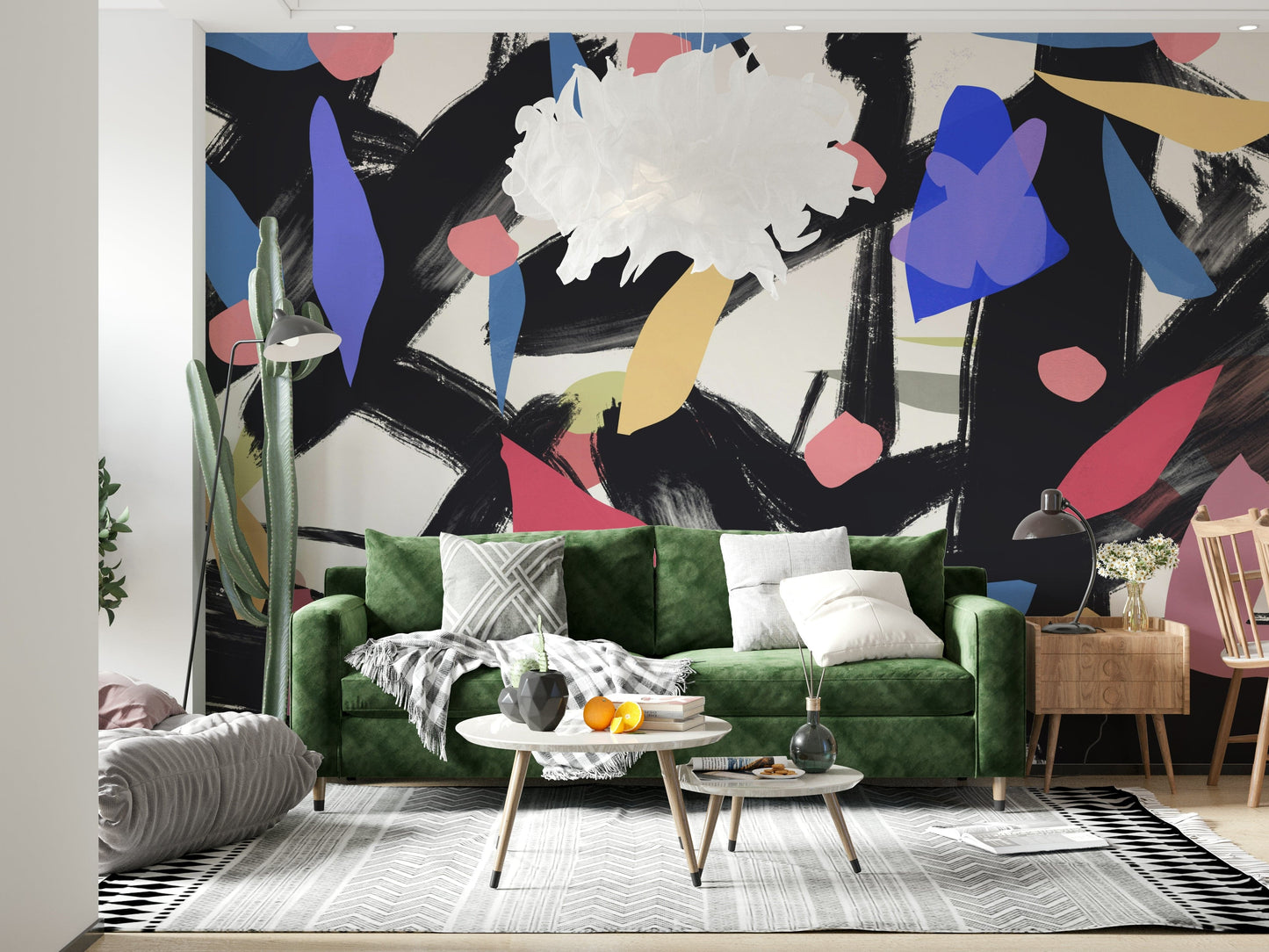 An artistic soft focus mural on minimalist wallpaper.
