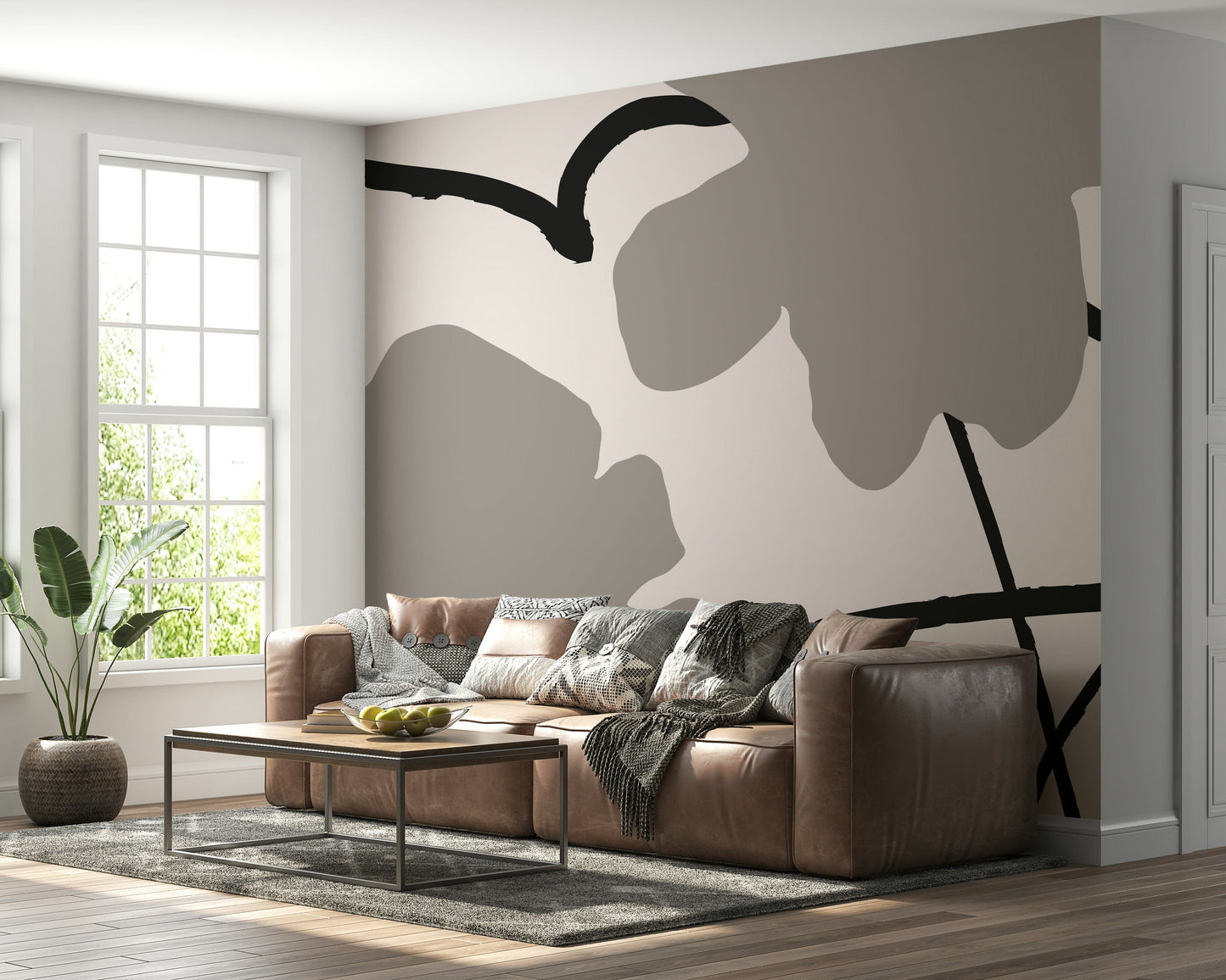 A calming modern design wallpaper mural that defines a space.

