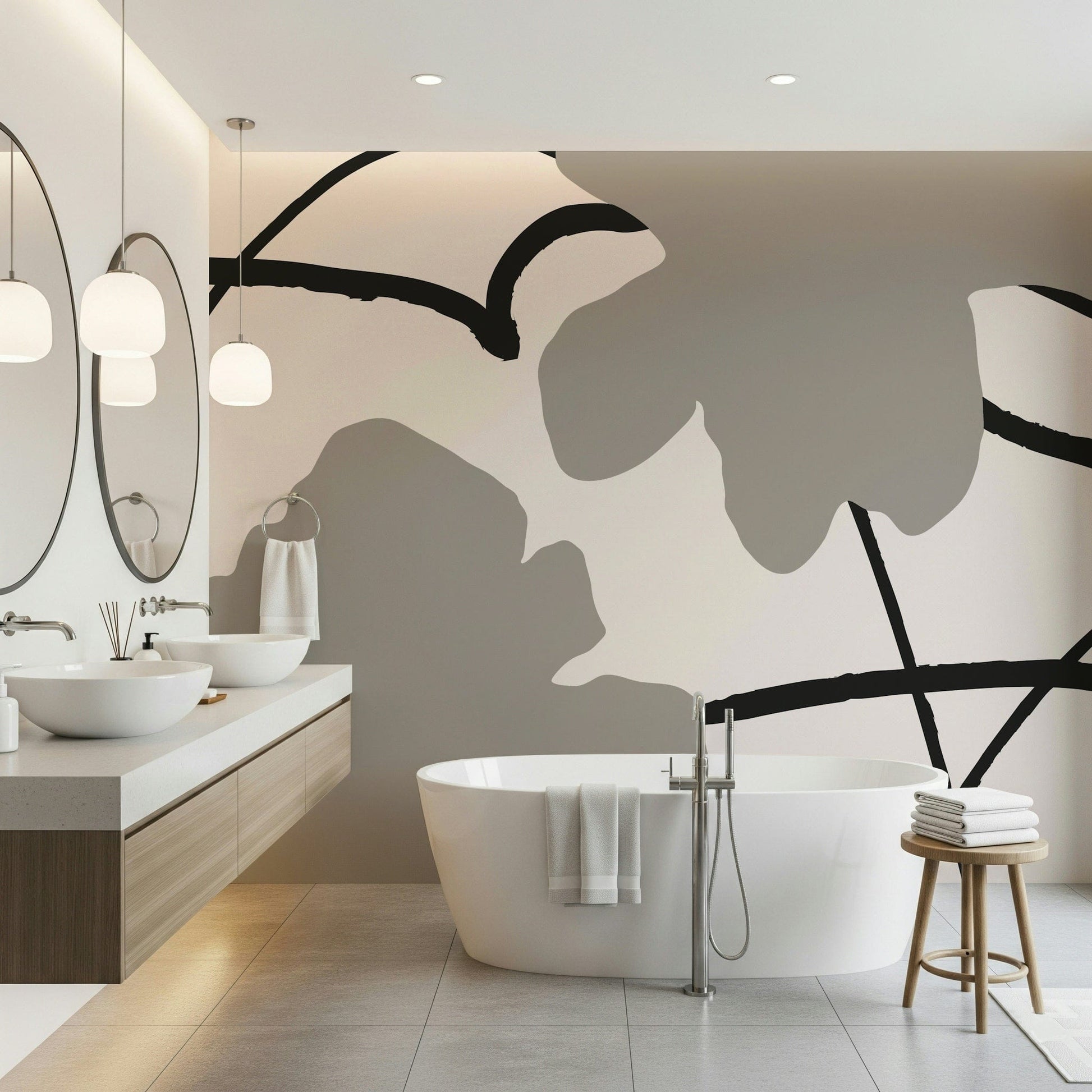 An artistic minimalist form mural for home decor.

