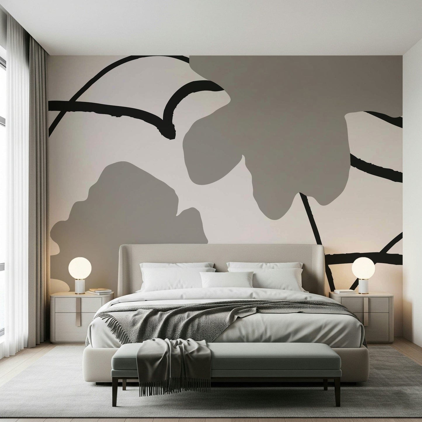 A graceful subtle pattern wall mural in cool, natural tones.

