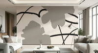 An artistic textured paint mural on minimalist wallpaper.

