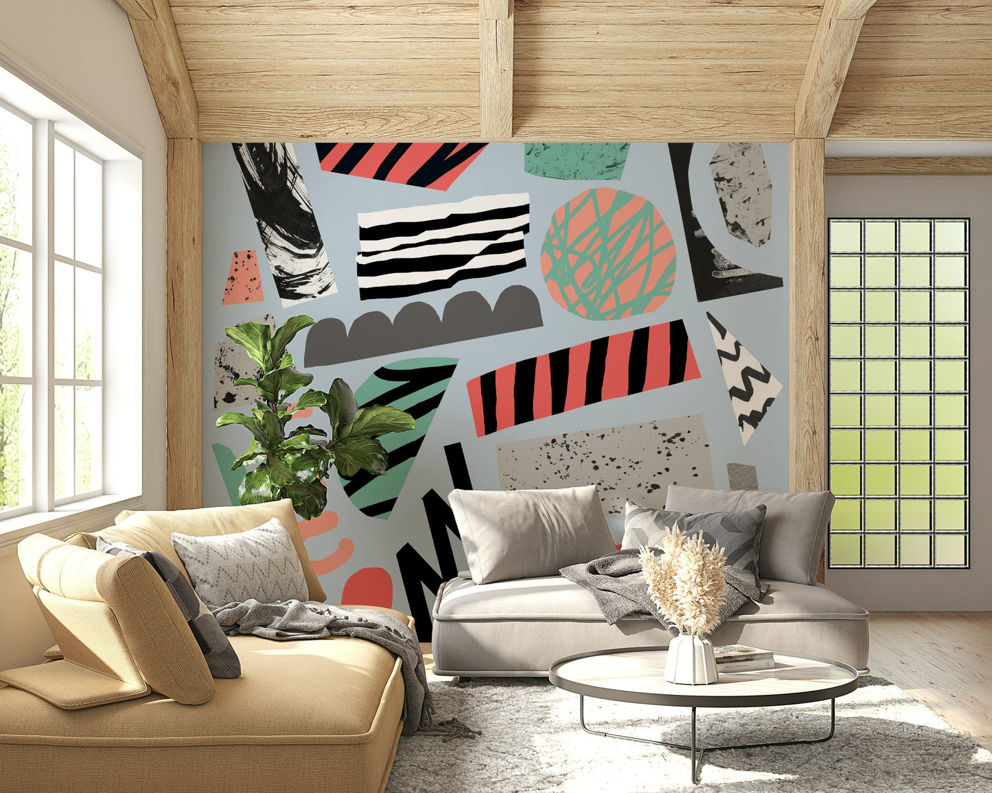 A graceful subtle campsite wall mural in cool, natural tones.

