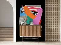 Minimalist beige wallpaper with geometric shapes for a bedroom feature wall.