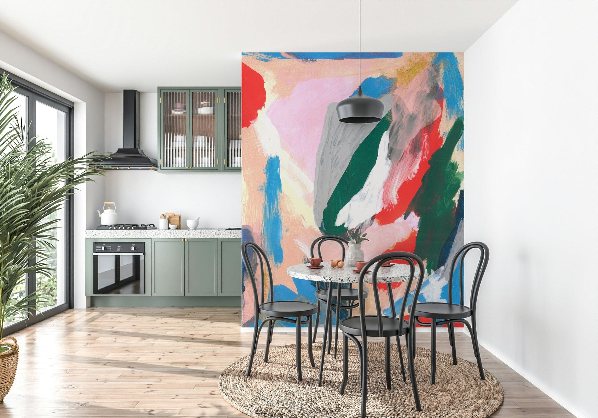 A peaceful modern abstract mural on decorative wallpaper.
