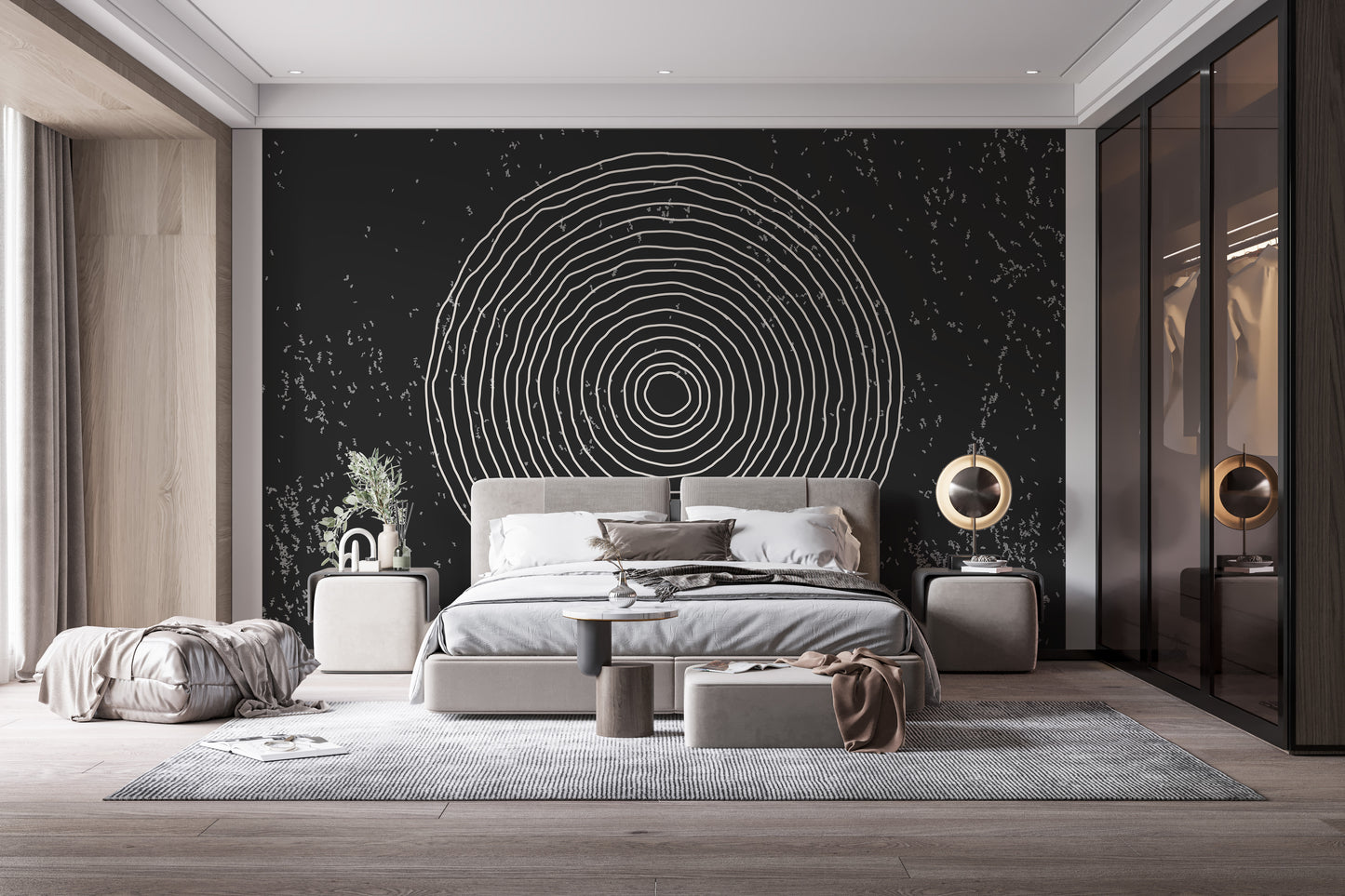 Modern black and white concentric circles mural design