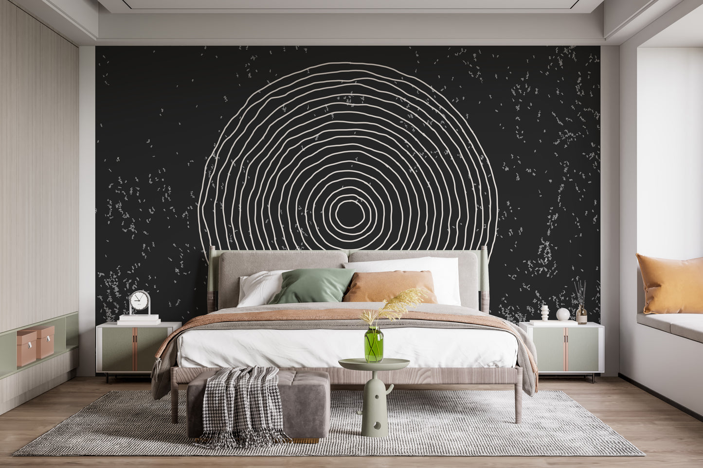 Black and white concentric circles wallpaper mural