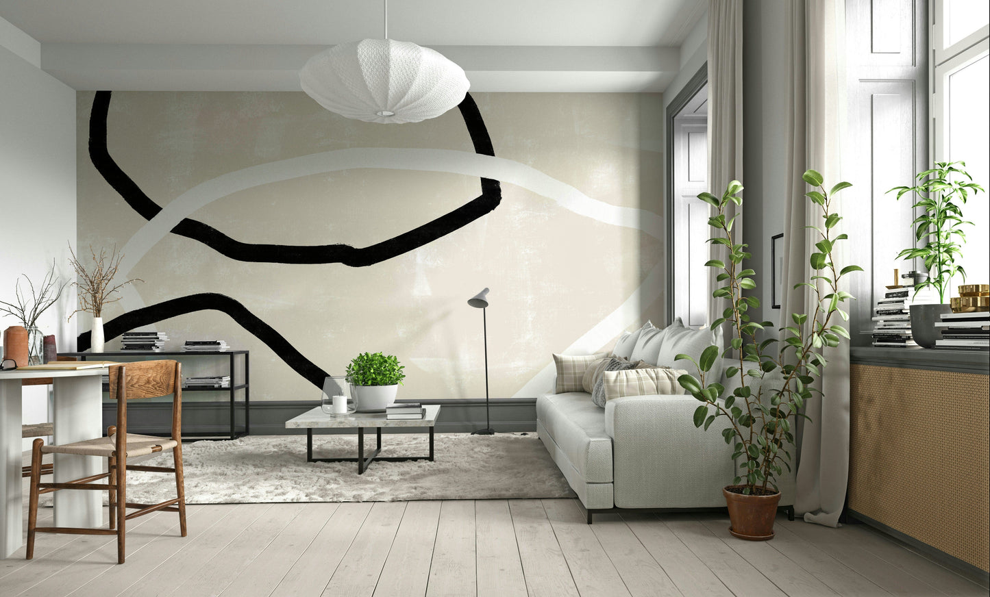 A peaceful modern art mural on decorative wallpaper.

