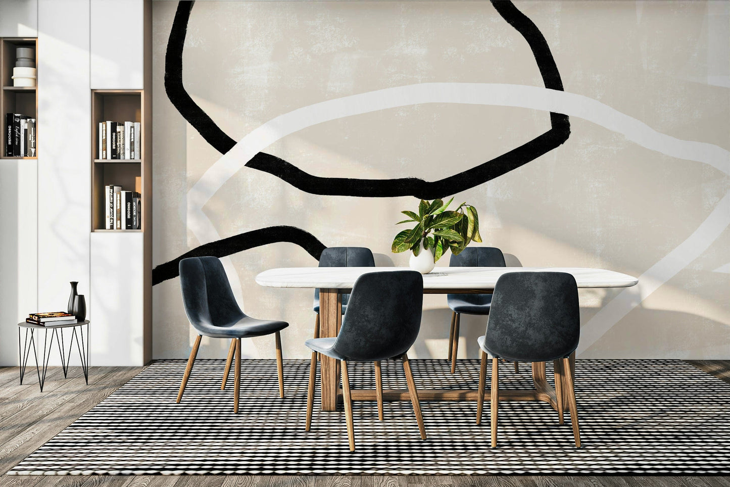 A graceful subtle curve wall mural in cool, natural tones.

