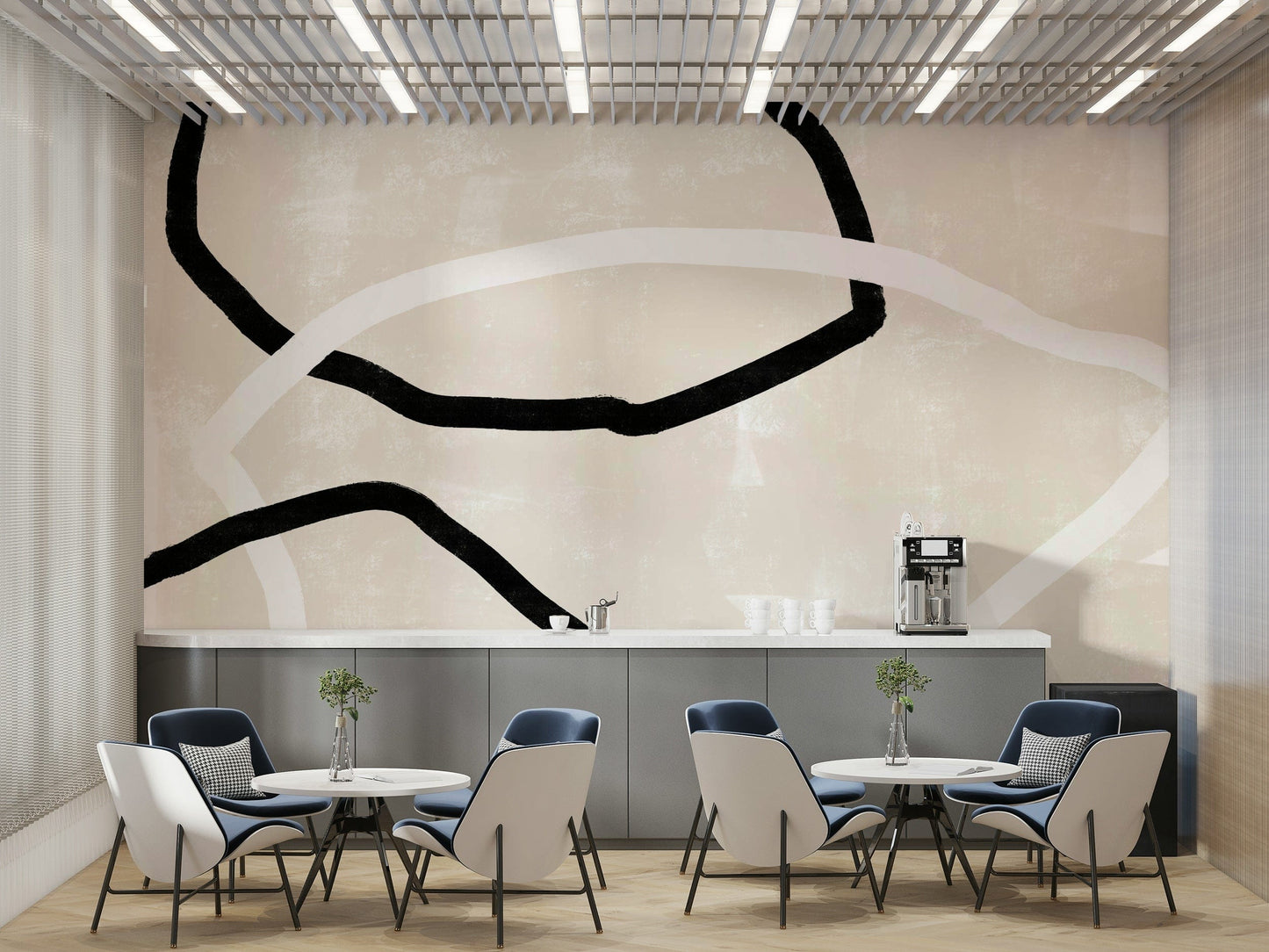 A contemplative dynamic shape wallpaper mural for a feature wall.

