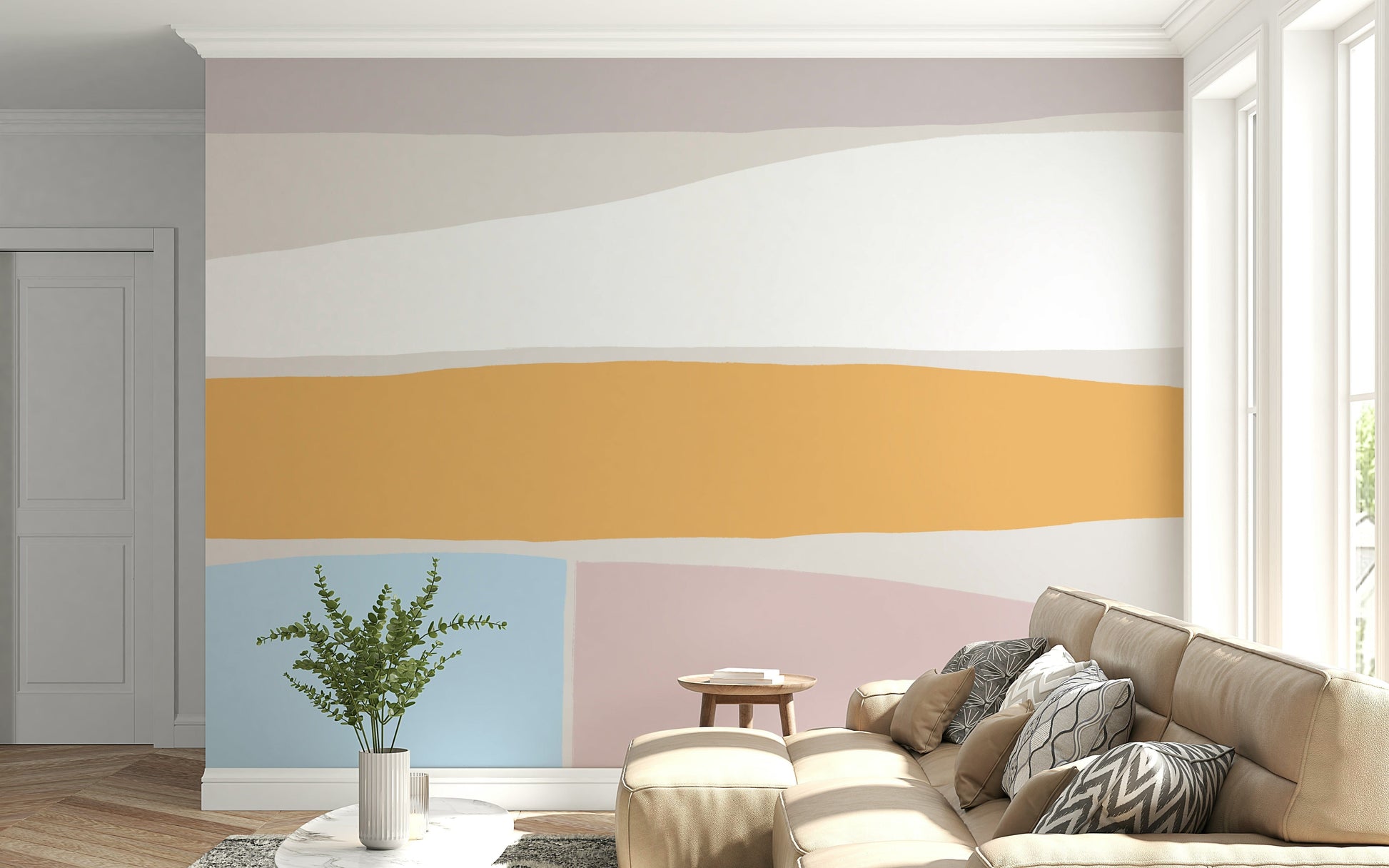 An artistic minimalist form mural for home decor.