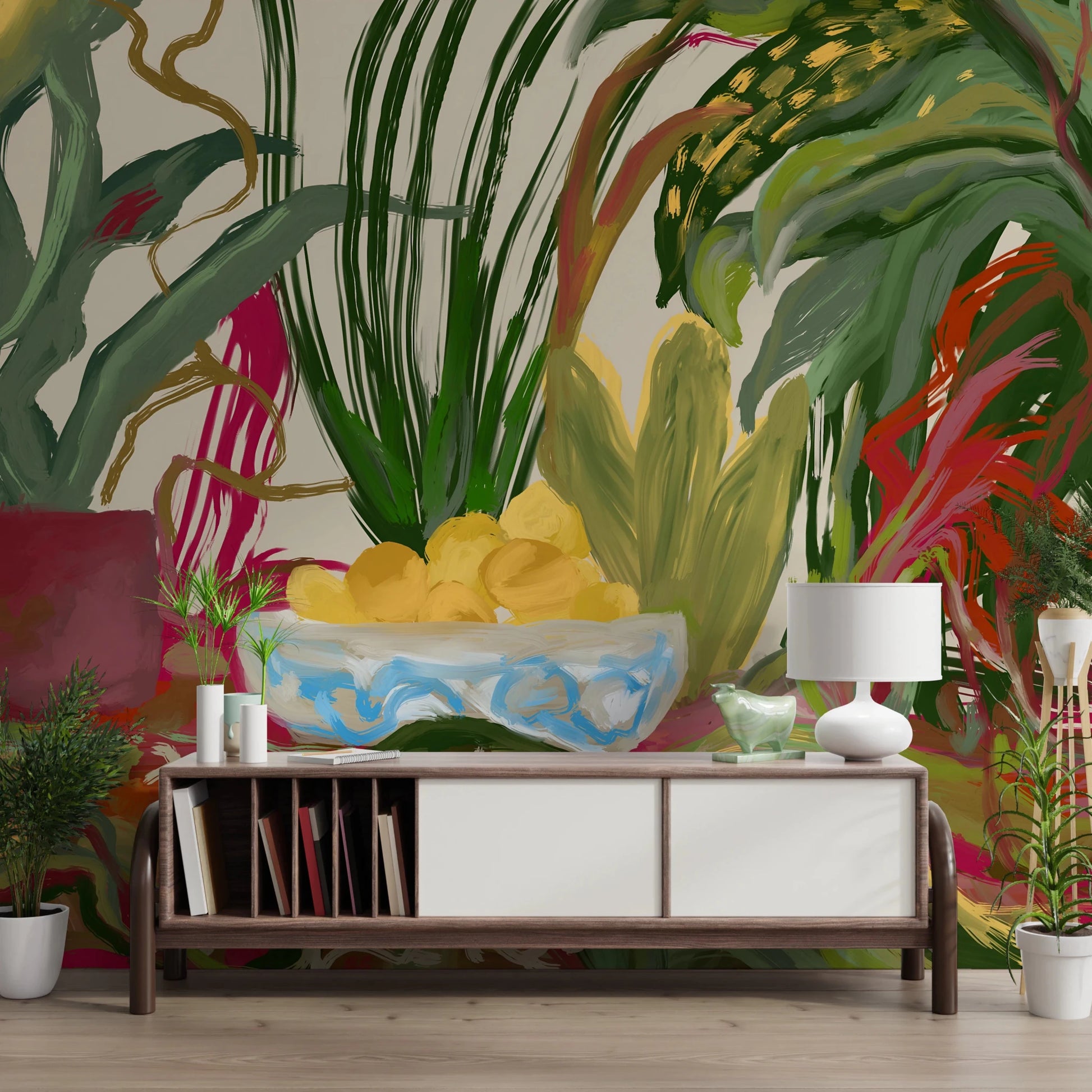 Artistic fruit bowl scene on the Abstract Eden Botanical still life lemons Wall Mural.
