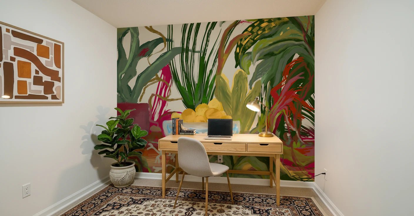 Bold colors define the Abstract Eden Botanical still life lemons Wall Mural art.
