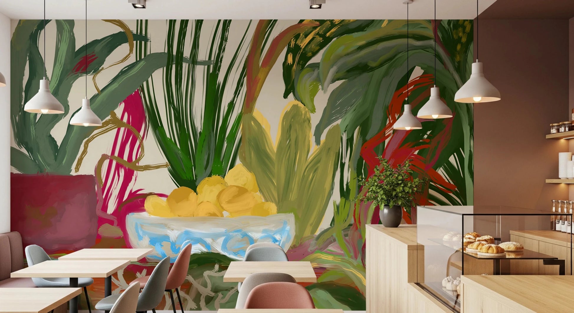 Painted textures highlight this Abstract Eden Botanical still life lemons Wall Mural.