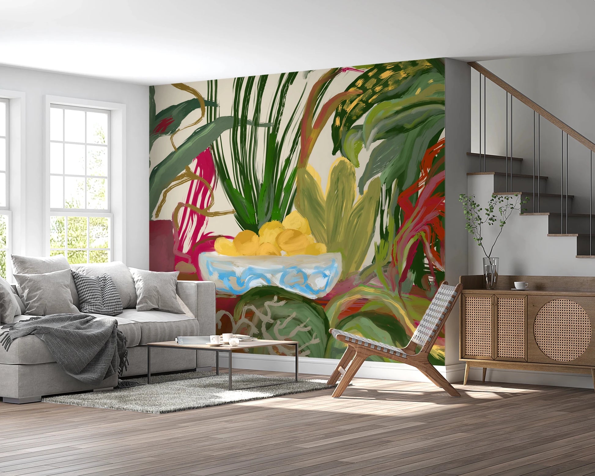 Expressive brushwork marks the Abstract Eden Botanical still life lemons Wall Mural.
