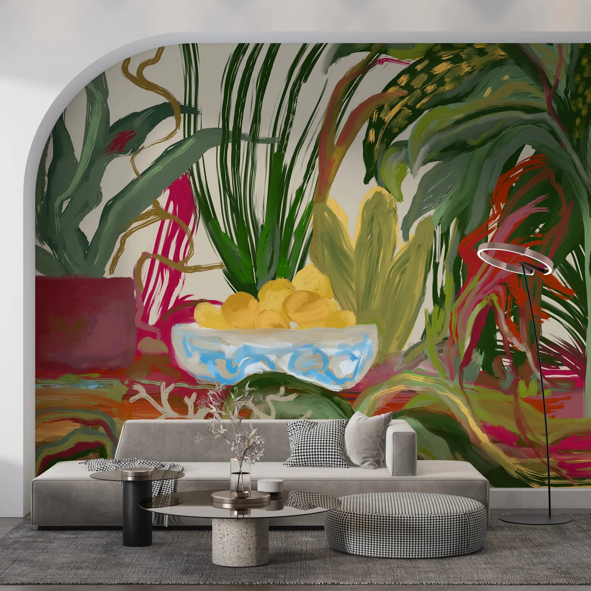 Vibrant foliage and citrus tones in this Abstract Eden Botanical wall mural.