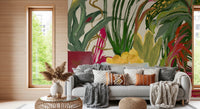 Deep greens and reds create contrast on this Abstract Eden Botanical wall mural.