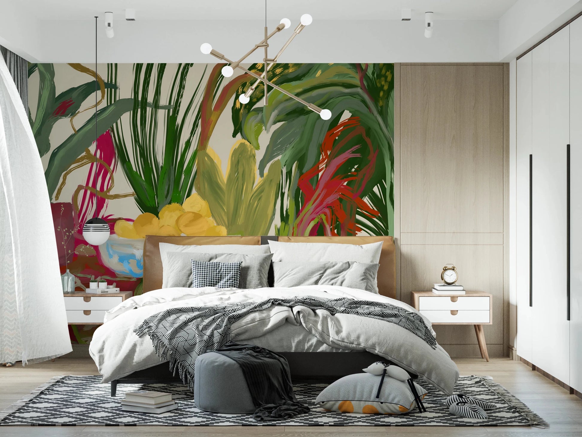 A bowl of yellow fruit highlights this Abstract Eden Botanical wall mural.
