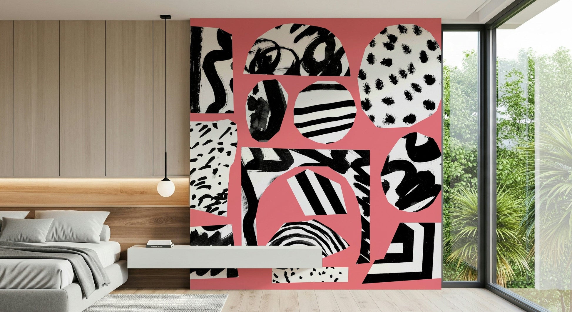 An artistic vibrant flamingo mural on minimalist wallpaper.

