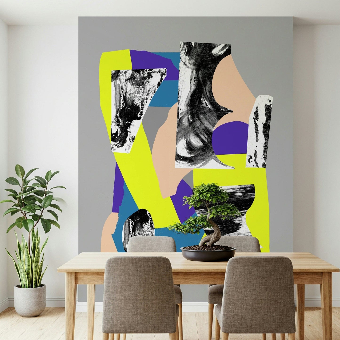 A graceful subtle energy wall mural in cool, electric tones.