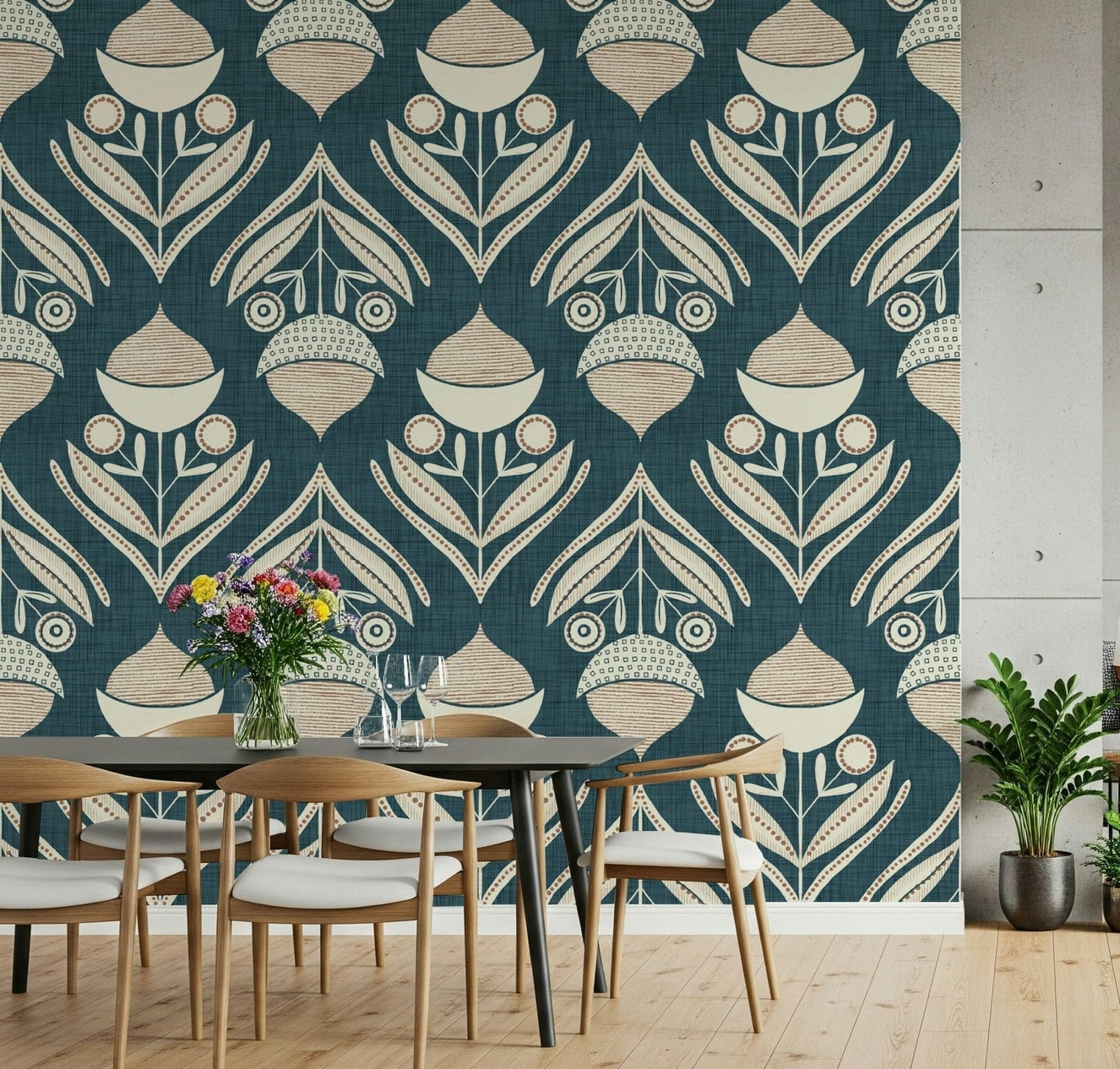 Teal wallpaper featuring rhythmic rows of abstract floral shapes and decorative pods.