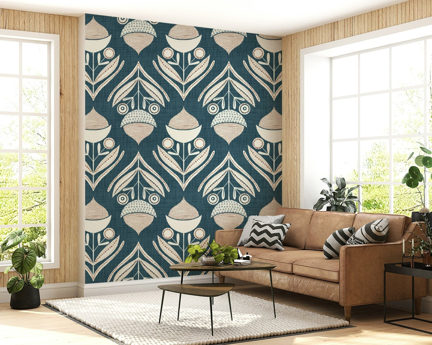 Abstract floral bloom wallpaper with cream geometric flowers and leaf motifs on a deep teal background.