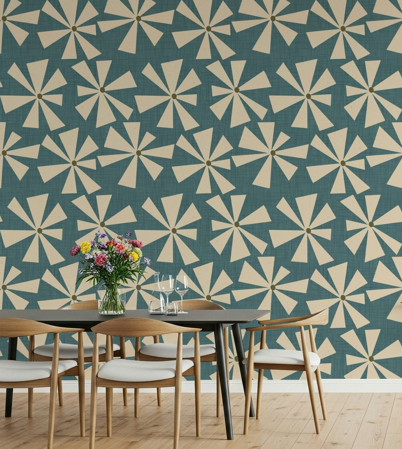 Abstract floral radiance wallpaper featuring starburst flower shapes on a teal background.