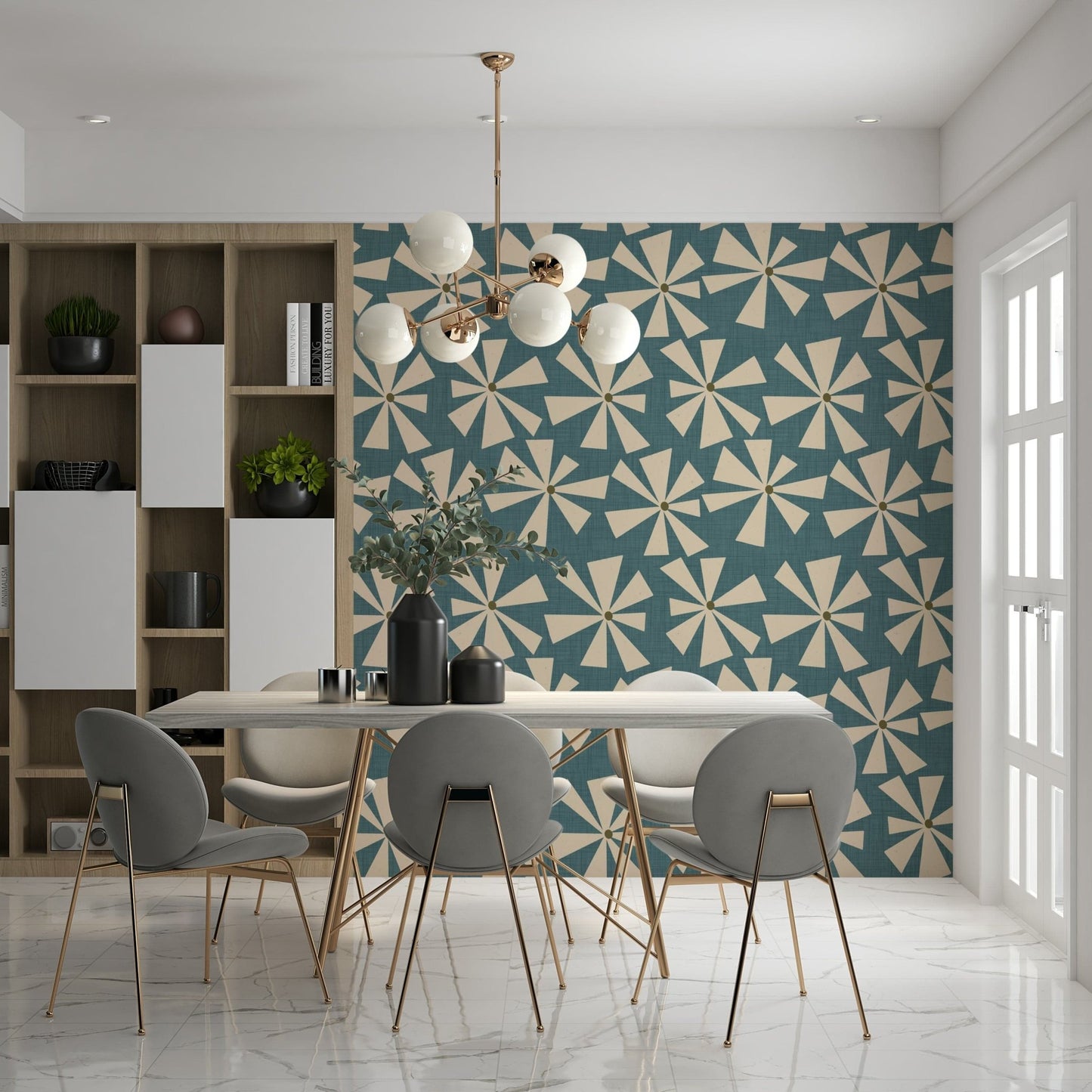 Mid-century inspired wallpaper with cream geometric flower bursts arranged in a scattered pattern.
