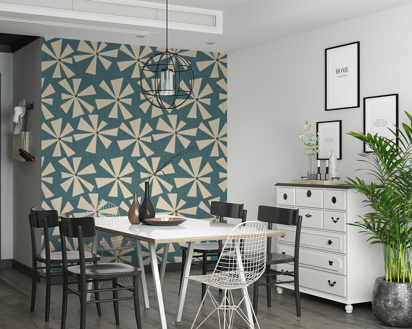 Retro-style floral wallpaper with pinwheel-shaped blossoms in a bold geometric design.