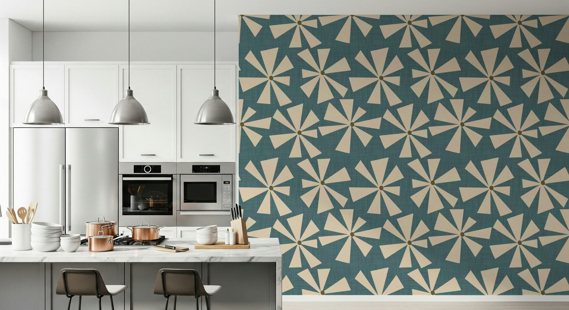 Geometric floral wallpaper with radiating petal shapes on a muted teal backdrop.