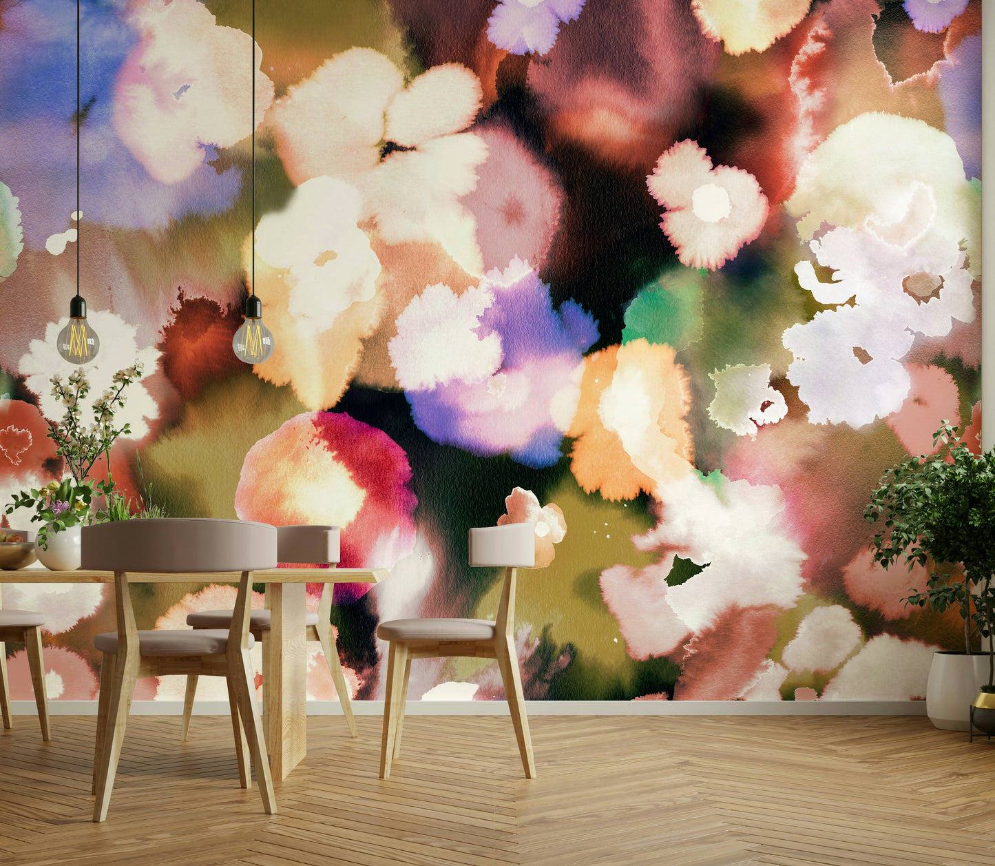 Contemporary floral mural with warm sunset glow

