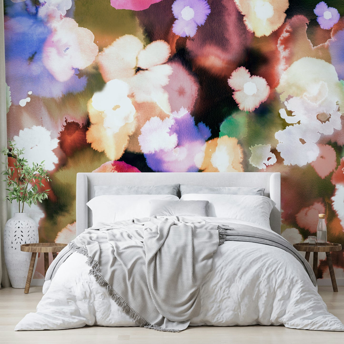 Modern floral wall mural in sunset color palette

