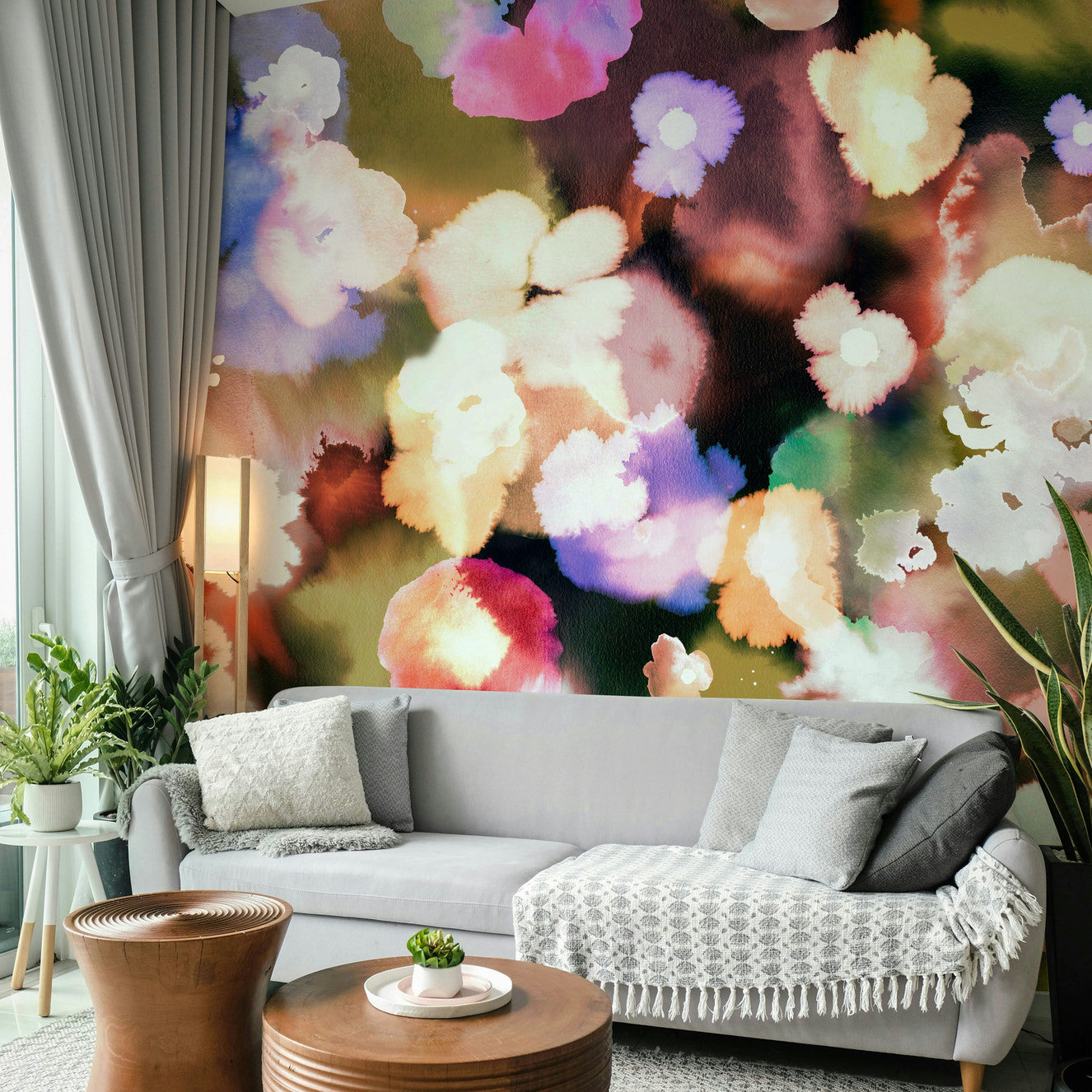 Abstract flower mural with colorful sunset tones

