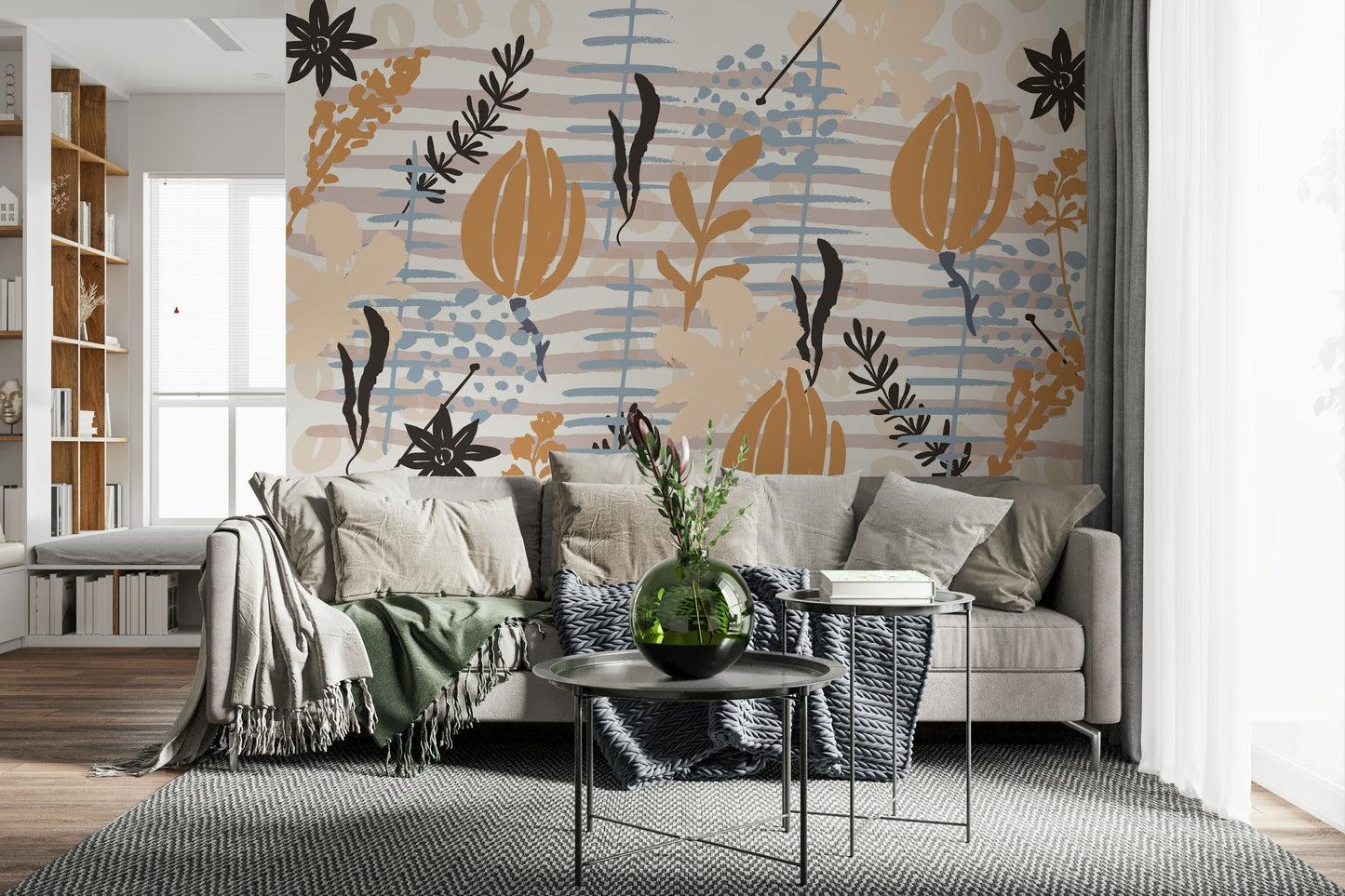 A beautiful modern art wall mural of delicate flowers.

