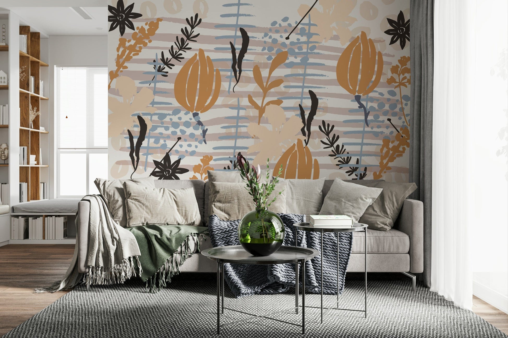 A beautiful modern art wall mural of delicate flowers.

