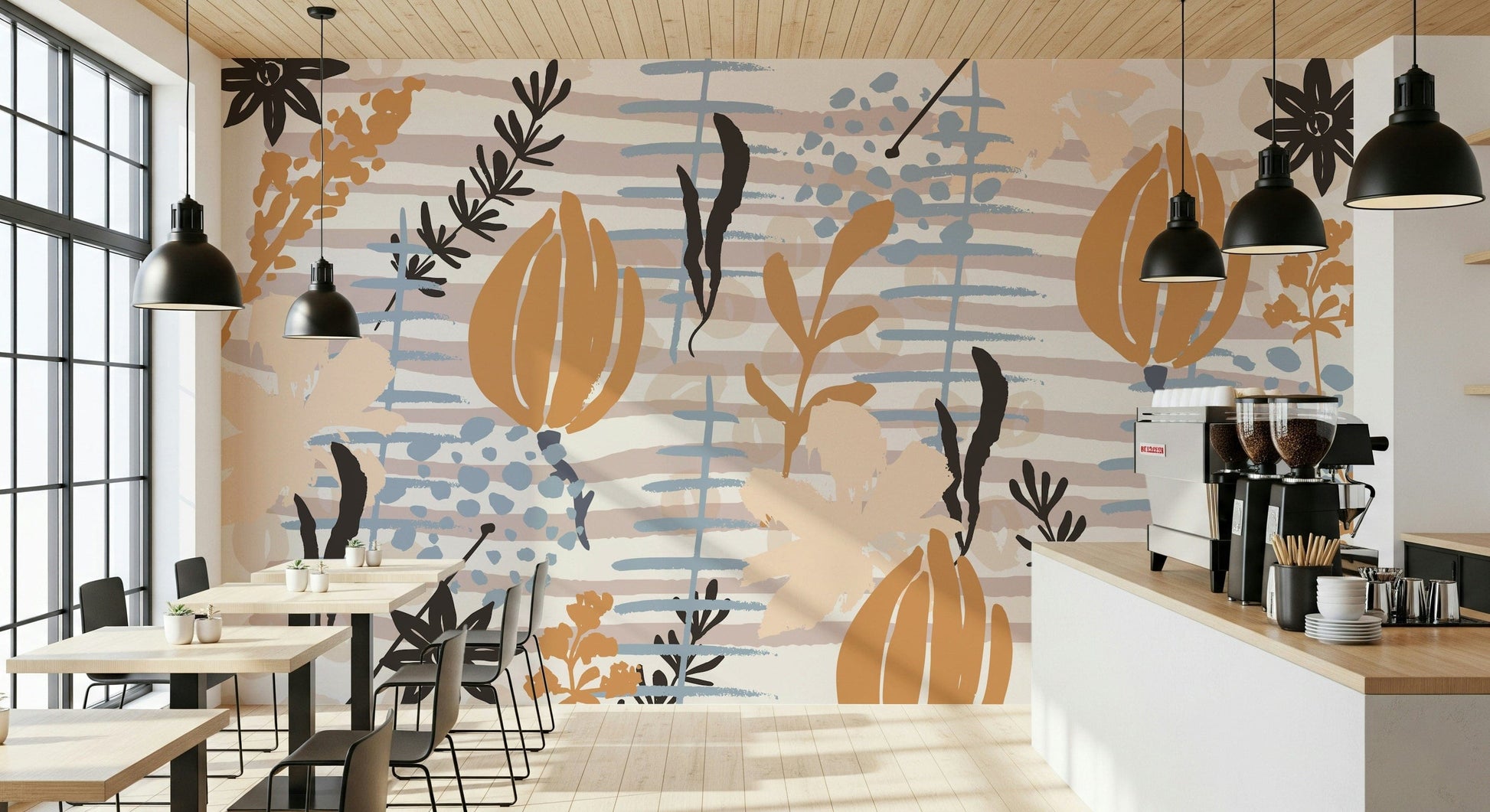 A peaceful flower design mural on decorative wallpaper.

