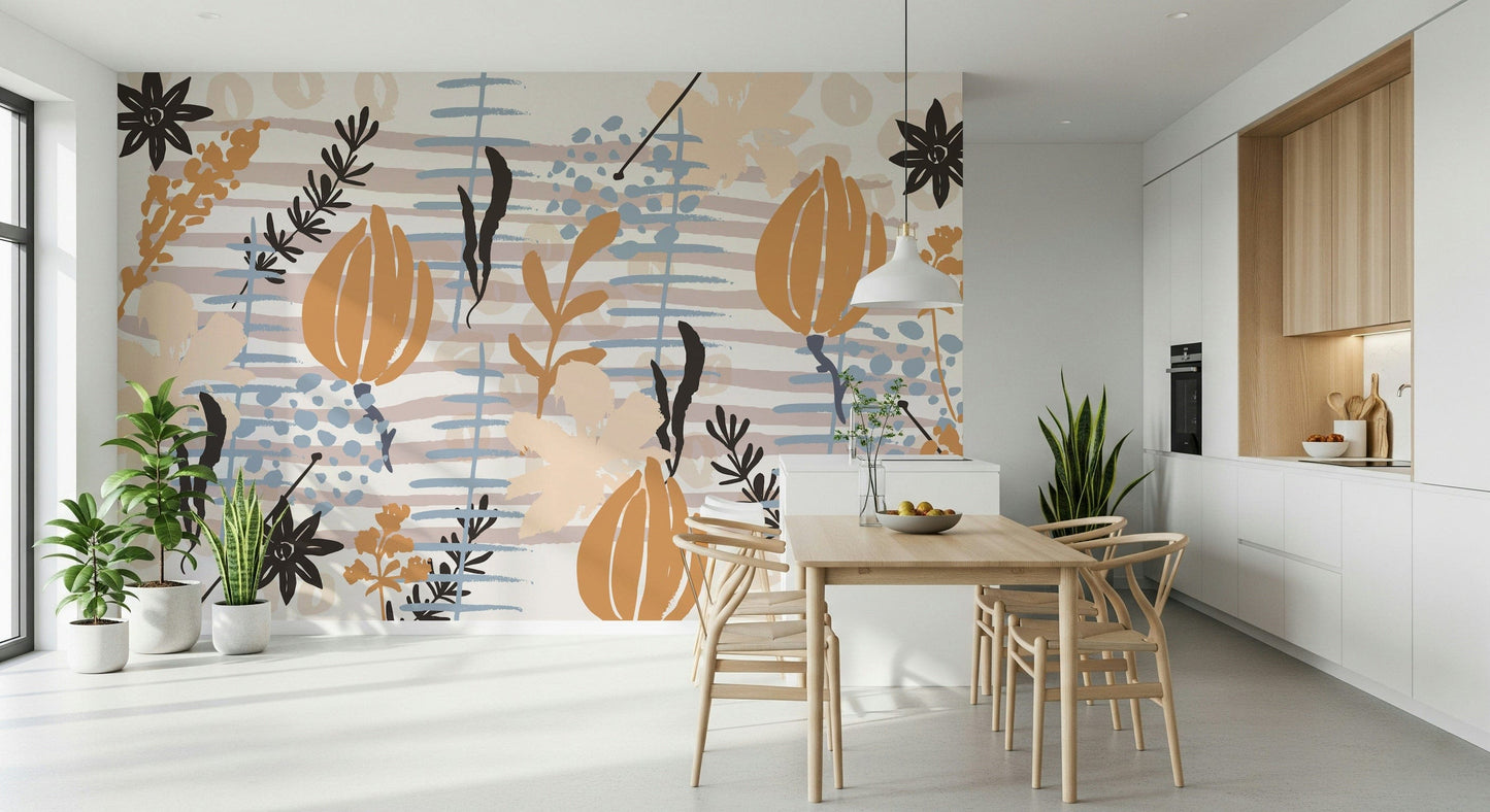 A graceful subtle bloom wall mural in cool, natural tones.

