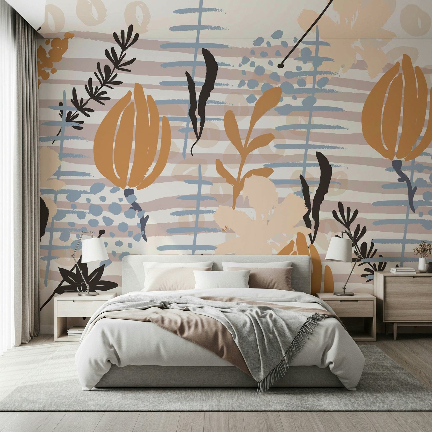 A contemplative painterly floral wallpaper mural for a feature wall.

