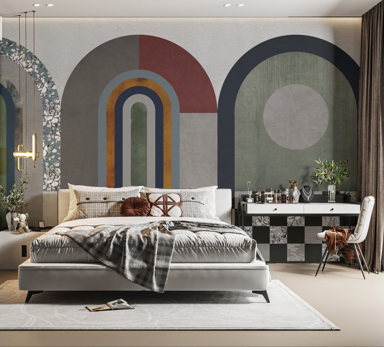 Floral and geometric mural with sophisticated design
