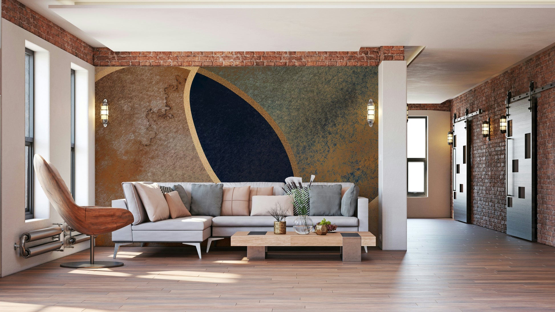 An artistic abstract geometry mural on minimalist wallpaper.

