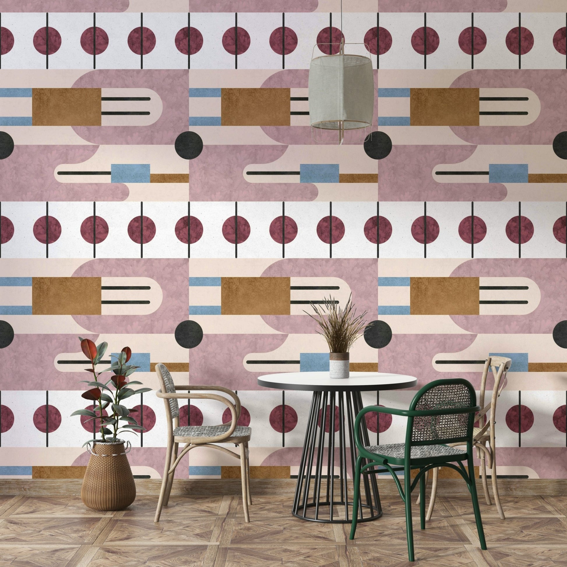 Geometric mural wallpaper with clay and beige hues

