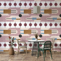 Geometric mural wallpaper with clay and beige hues

